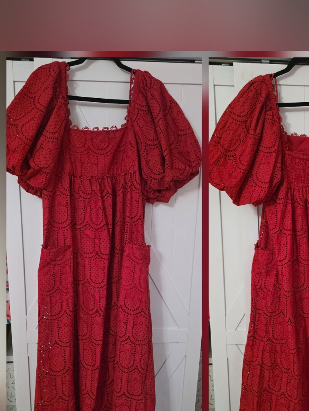 FARM Rio Crimson Eyelet Puff-Sleeve Midi Dress - Picture 4 of 5